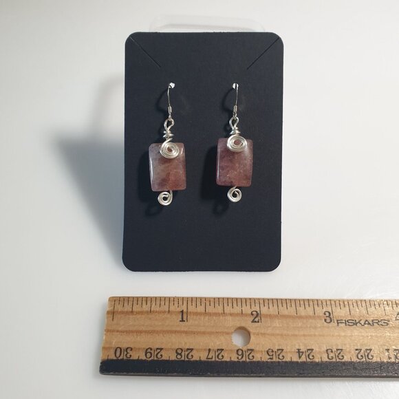 Pink Stone Wire Wrapped Dangle Earrings Silver Tone Hook Rectangle Gemstone Gift - Picture 2 of 3